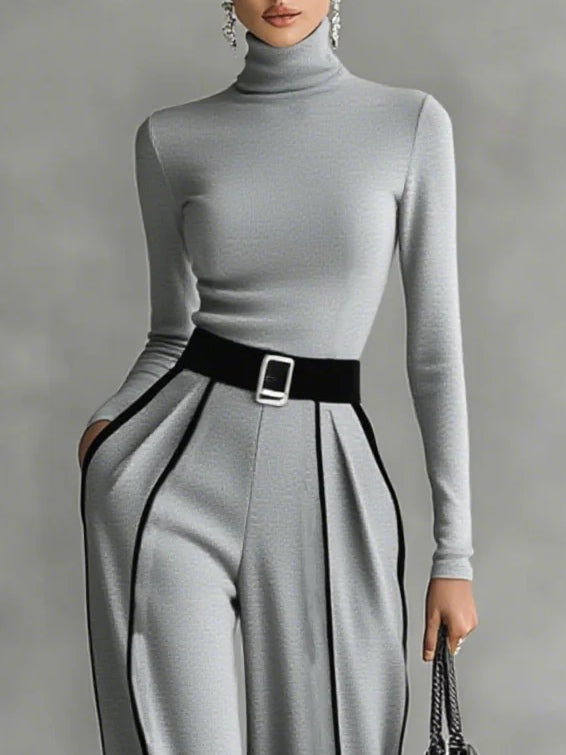 Elmont | White-Trim Turtleneck Top & Wide-Leg Pants Set with Belt