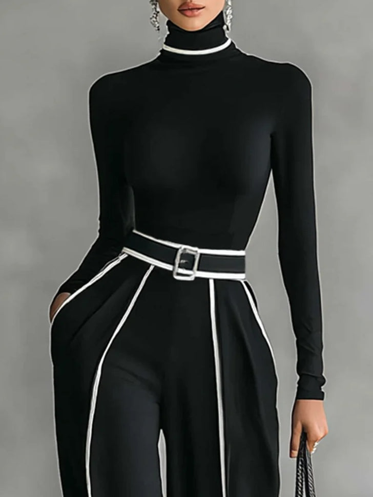 Elmont | White-Trim Turtleneck Top & Wide-Leg Pants Set with Belt