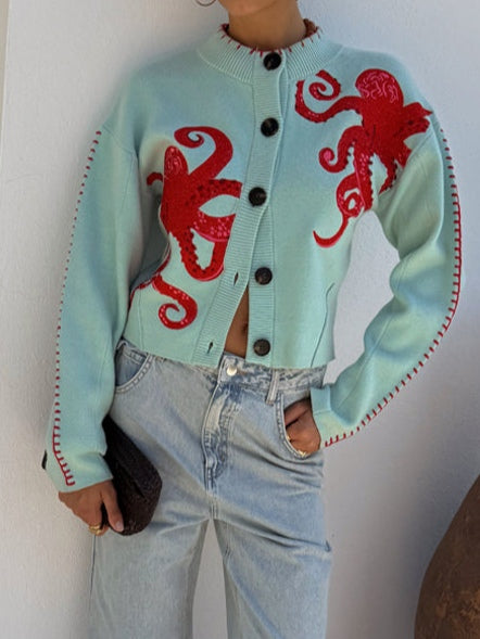 Sarah | Knit Button-Front Cardigan with Octopus Pattern