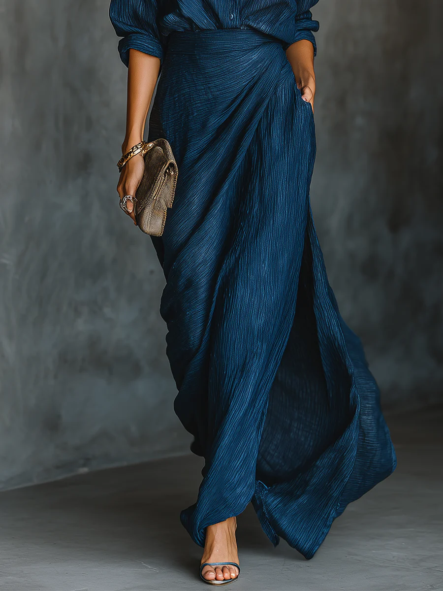 Elmont | Dark Blue Cotton-Linen Shirt and Maxi Skirt Set