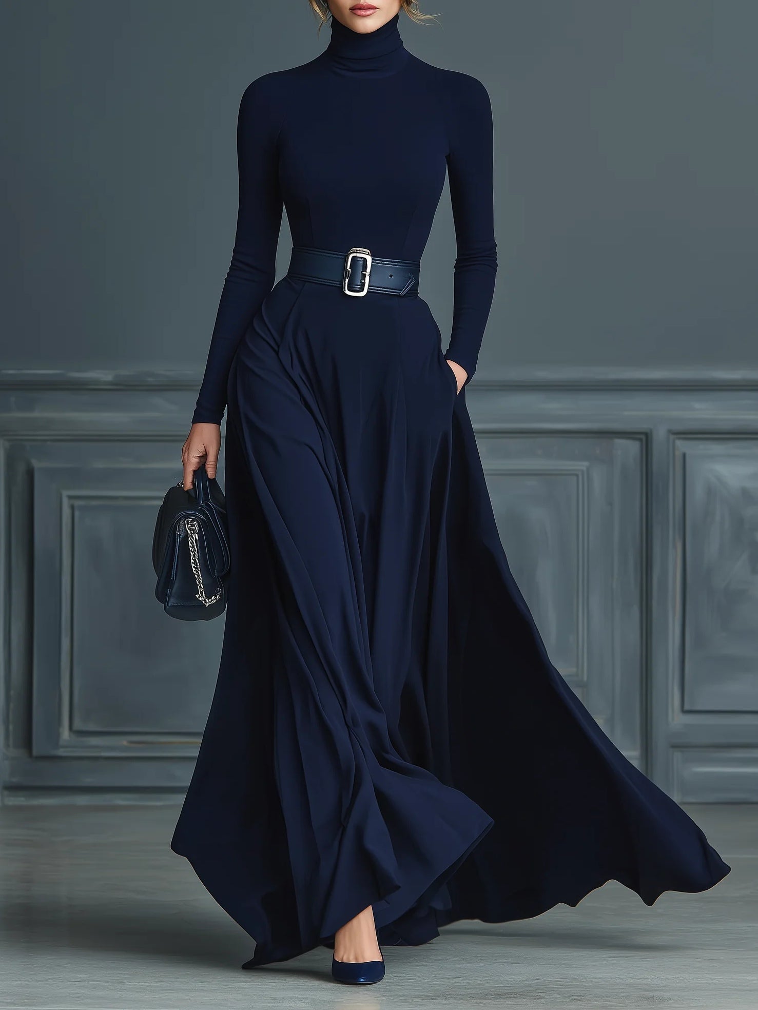 Elmont | Dark Blue Knitted High-Neck Maxi Dress
