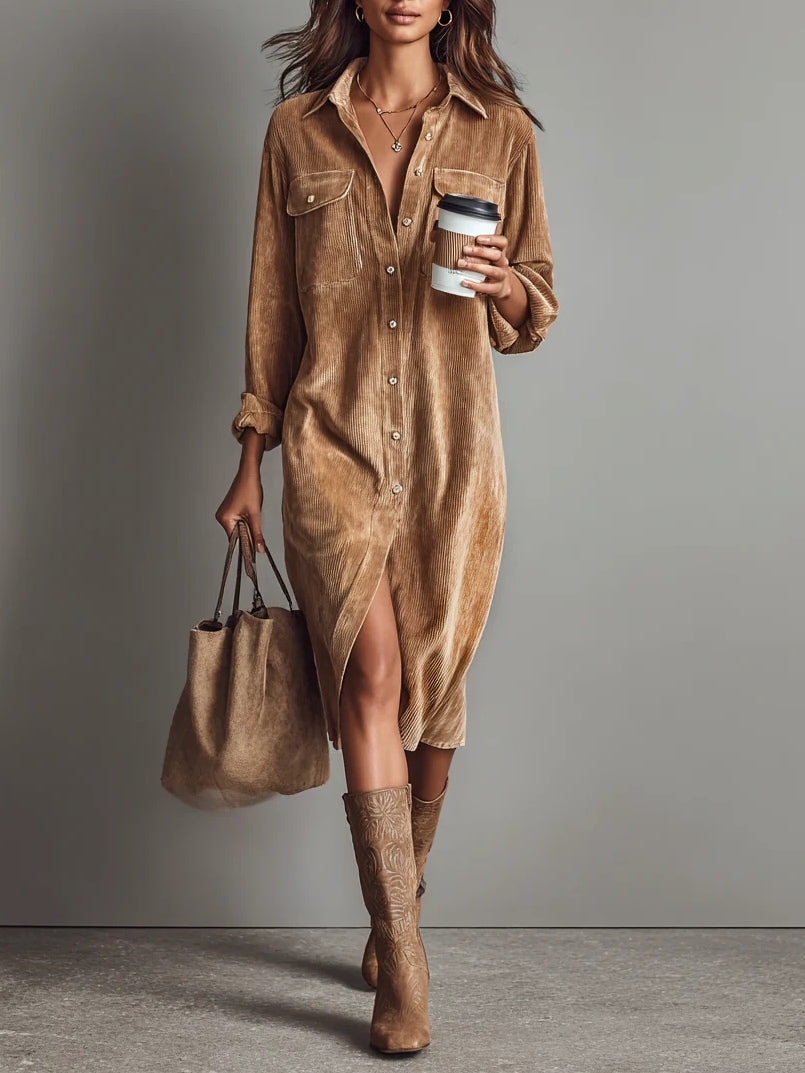 Elmont | Corduroy Midi Shirt Dress with Chest Pockets