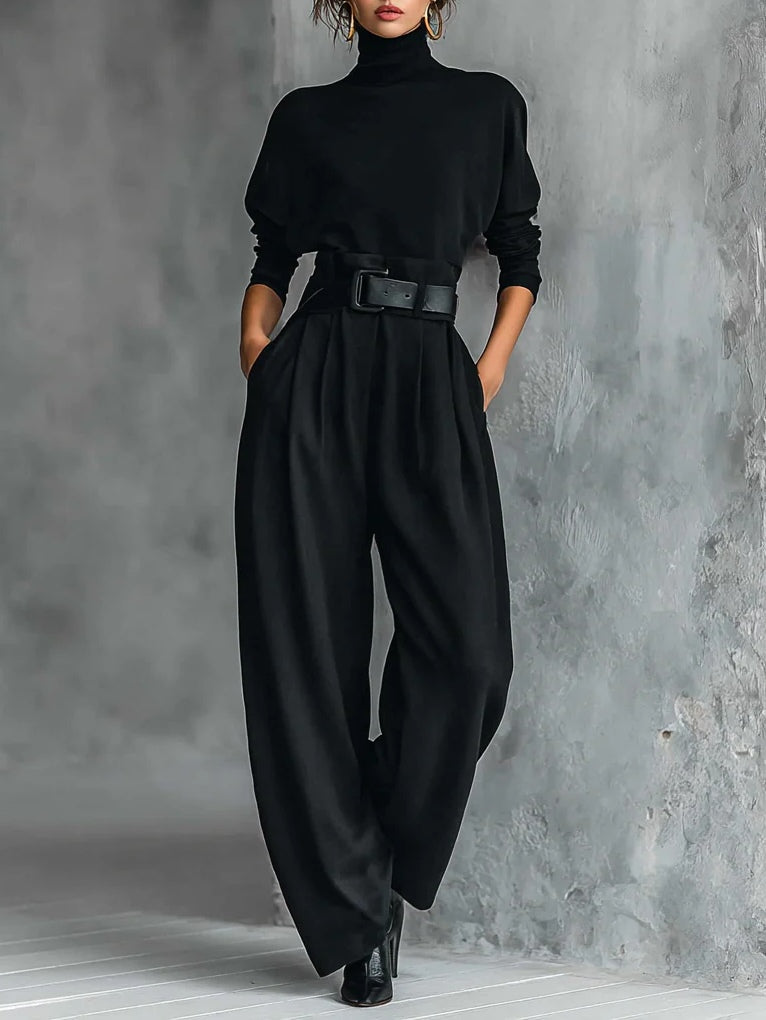 Elmont | Black Turtleneck Top & Straight-Leg Pants Set with Belt