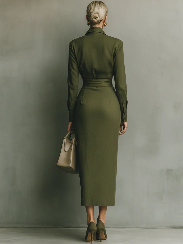 Elmont | Army Green Cotton-Blend Long-Sleeve Maxi Dress