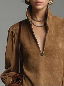 Elmont | Brown Suede Zip Turtleneck Mini Dress