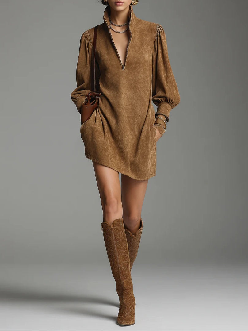Elmont | Brown Suede Zip Turtleneck Mini Dress