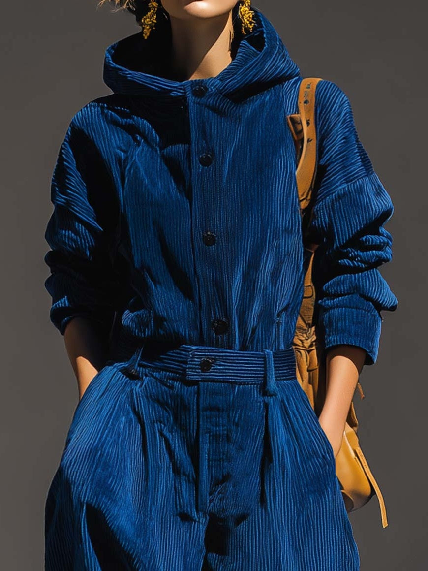 Elmont | Royal Blue Corduroy Hooded Top & Wide-Leg Pants Set