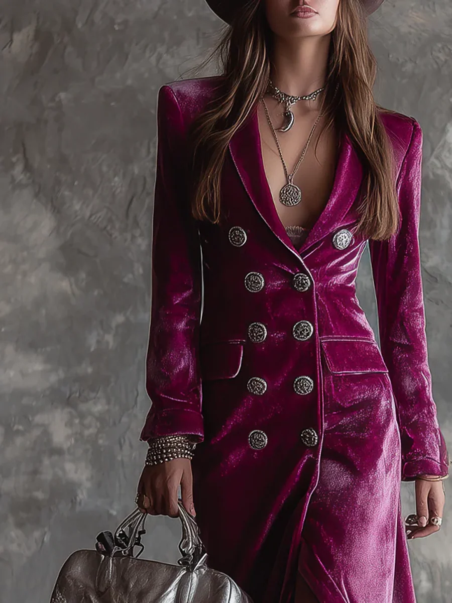 Elmont | Purple Velvet Button-Front Maxi Blazer Dress