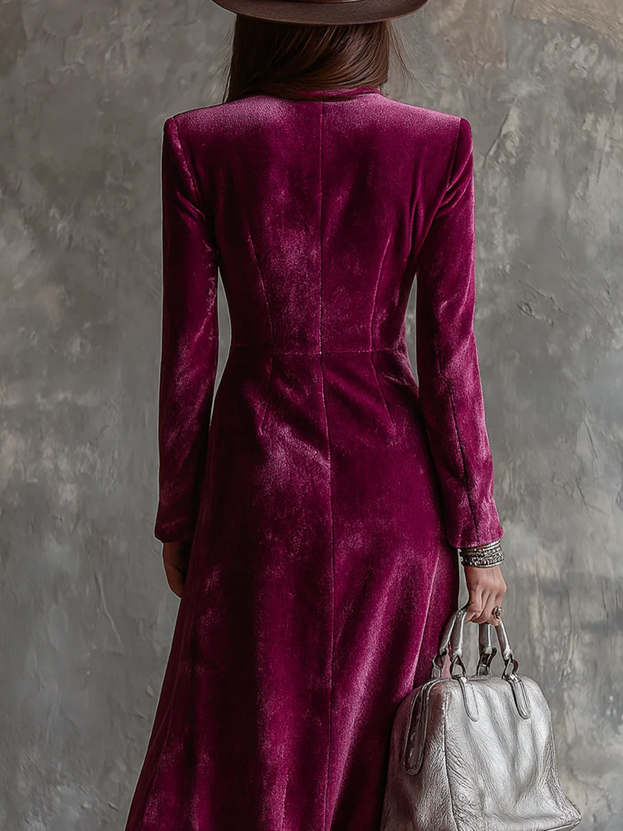 Elmont | Purple Velvet Button-Front Maxi Blazer Dress
