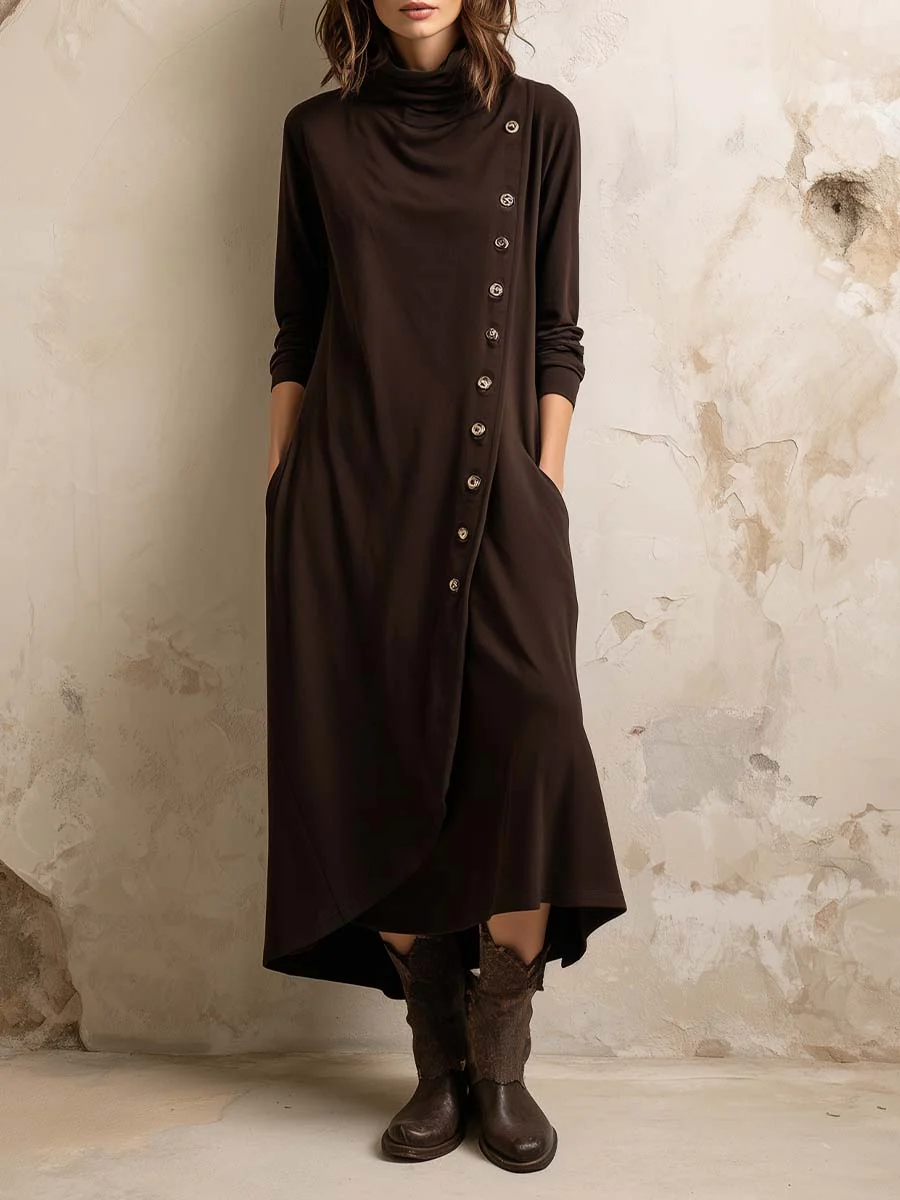 Elmont | Dark Brown Boho Turtleneck Side-Button Midi Dress