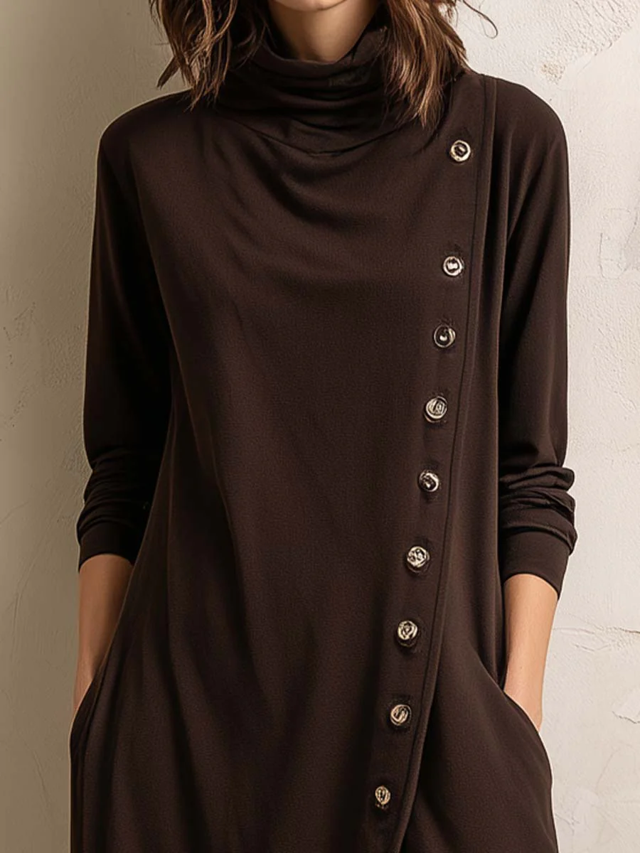 Elmont | Dark Brown Boho Turtleneck Side-Button Midi Dress