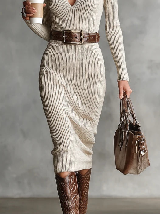 Elmont | Ribbed V-Neck Midi Dress