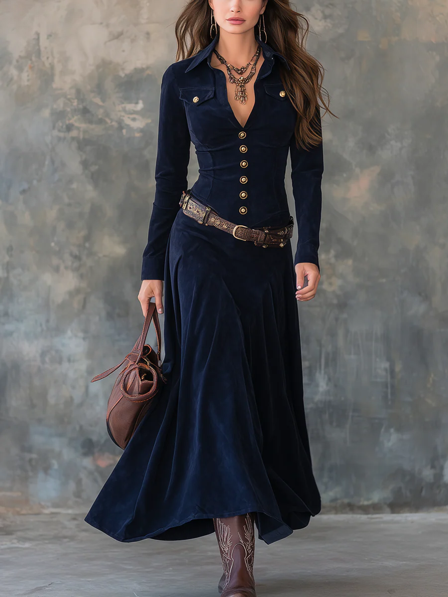 Elmont | Button-Detail Long Faux Suede Dress