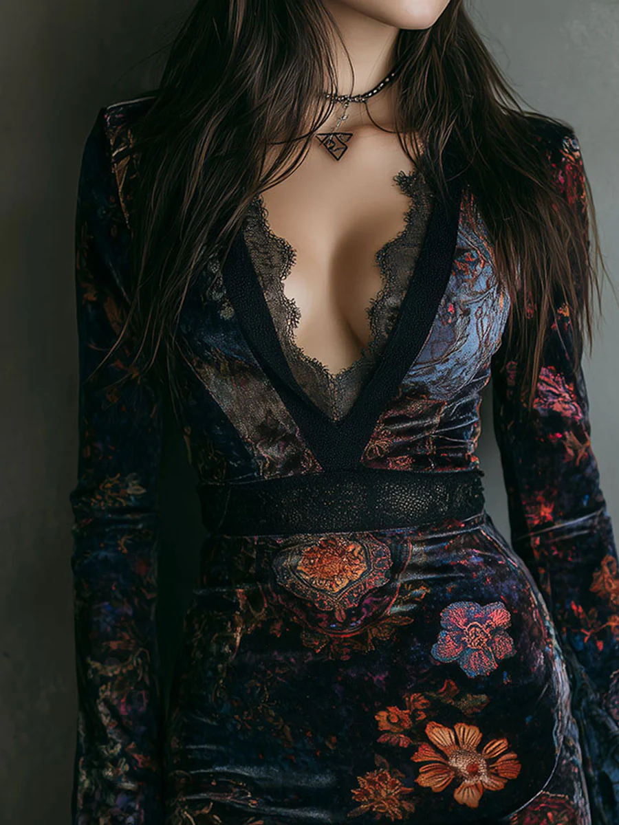 Elmont | Floral Velvet Lace-Trim V-Neck Bodycon Mini Dress