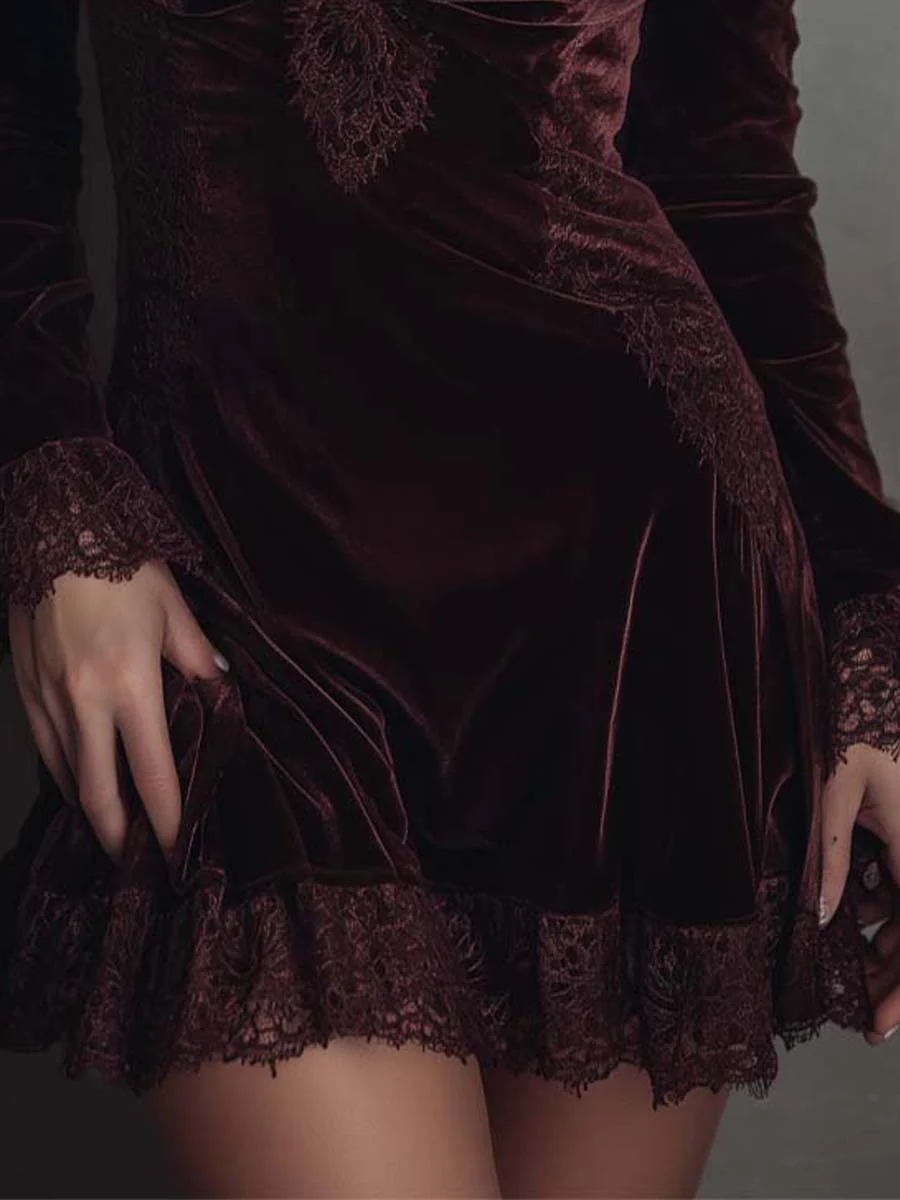 Elmont | Burgundy Velvet Lace-Trim V-Neck Mini Dress