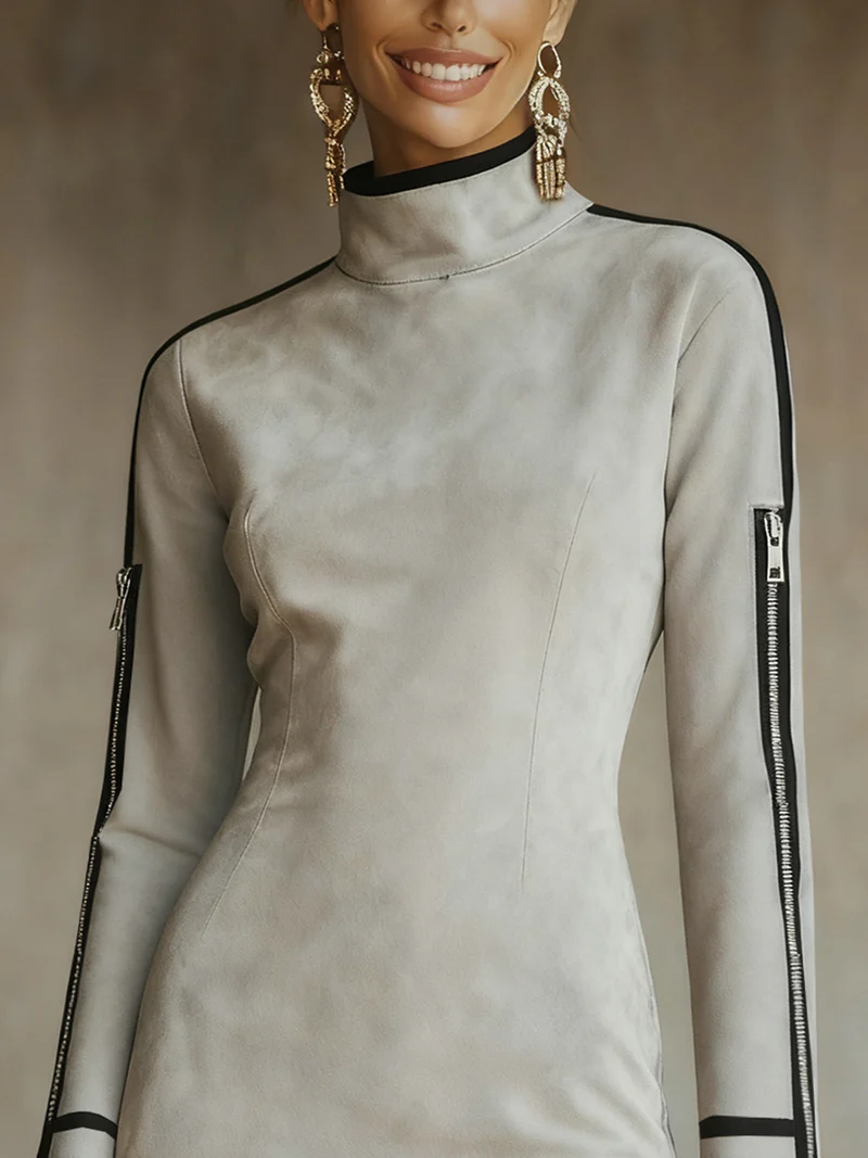 Elmont | Light Grey Faux Suede Mock-Neck Mini Dress