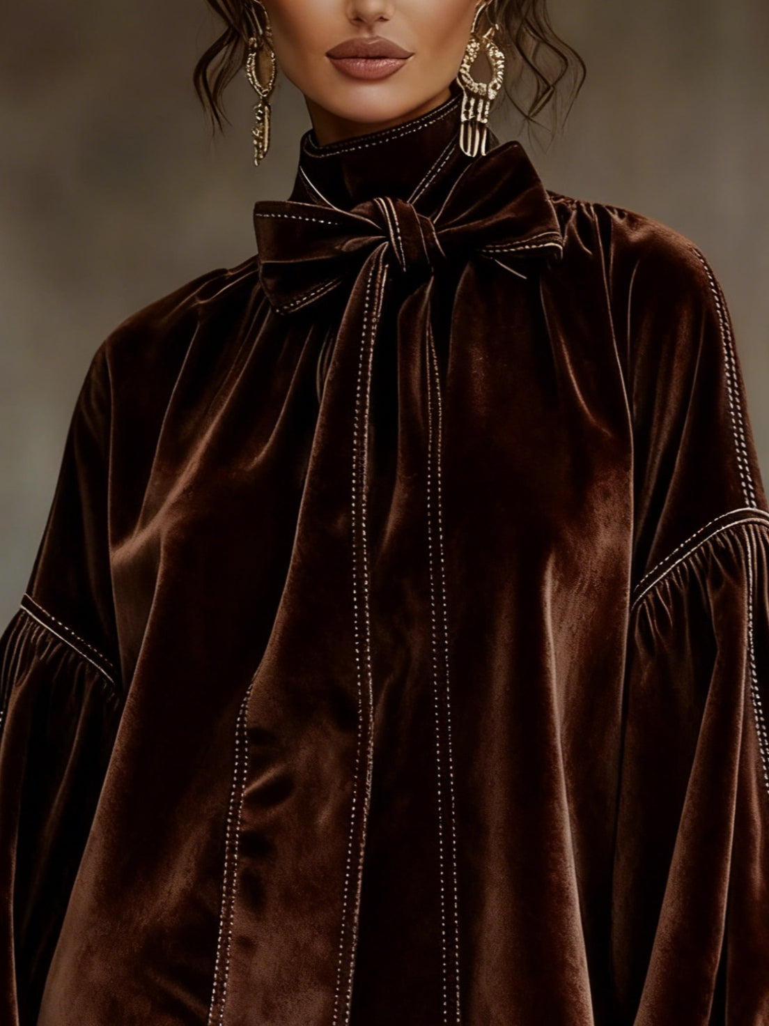 Elmont | Dark Brown Velvet Bow-Neck Lantern-Sleeve Mini Dress