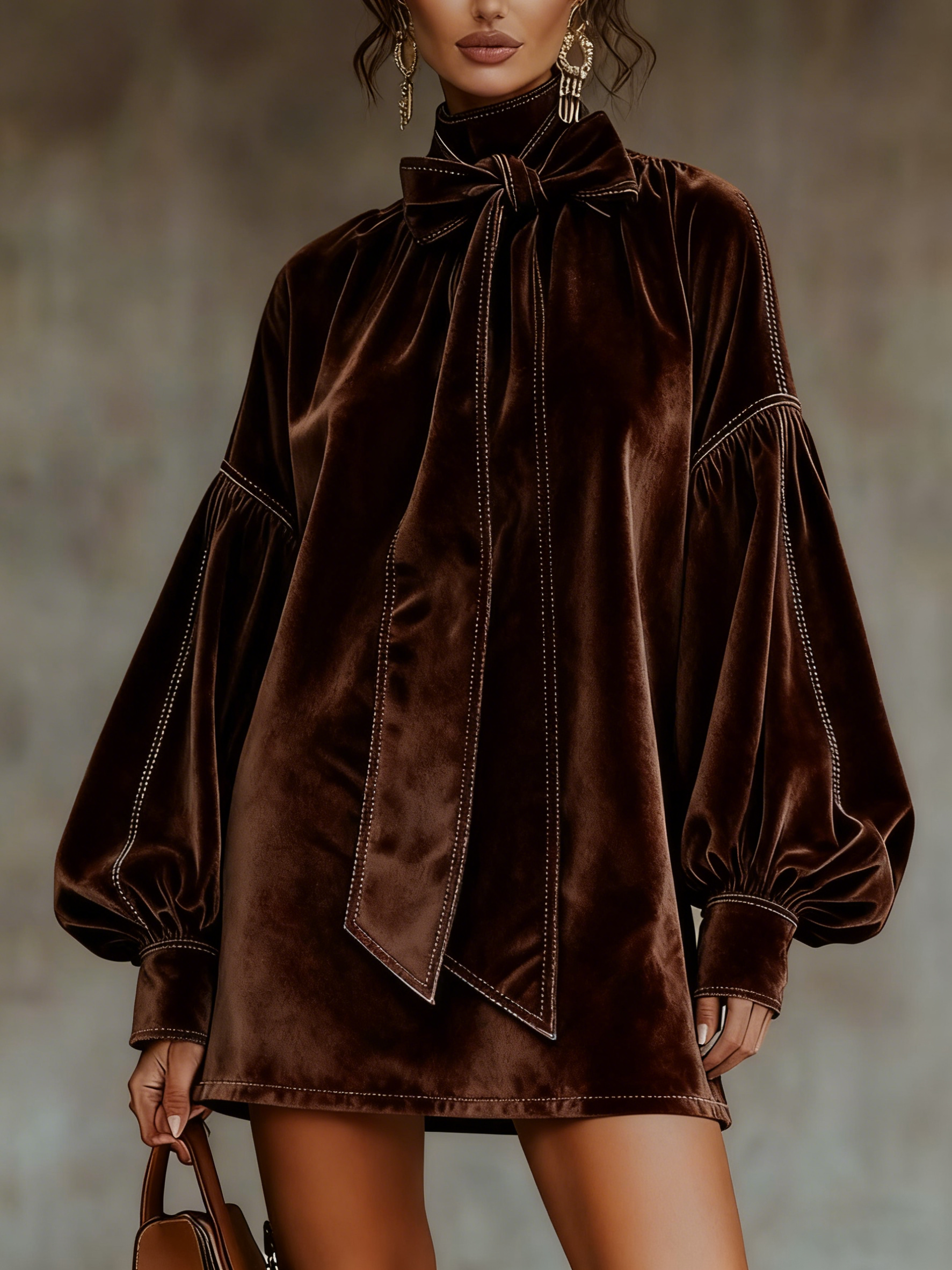 Elmont | Dark Brown Velvet Bow-Neck Lantern-Sleeve Mini Dress
