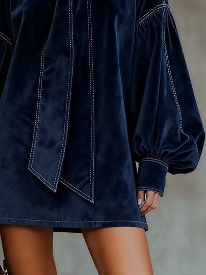 Elmont | Dark Blue Velvet Bow Lantern-Sleeve Mini Dress