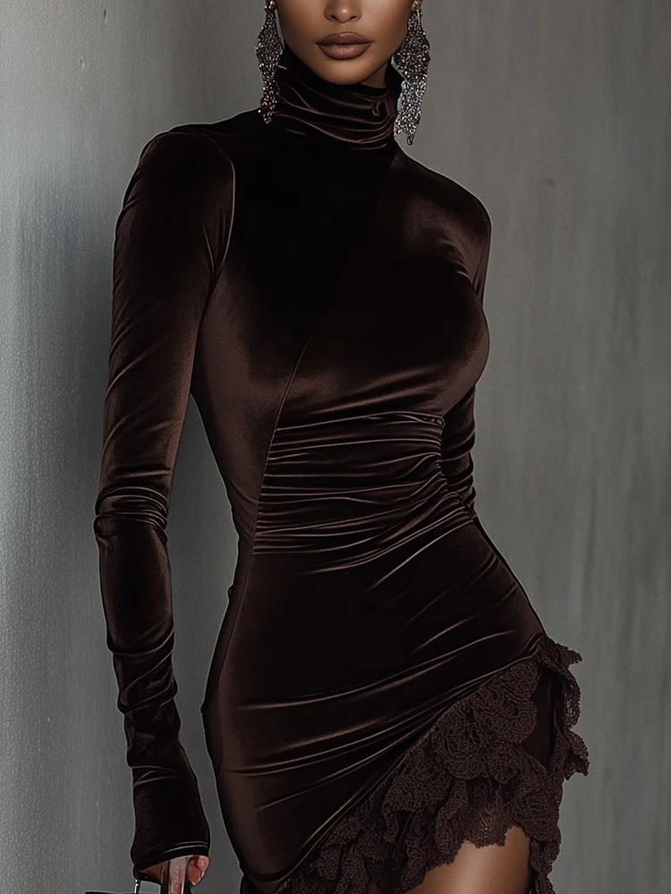 Elmont | Chocolate Velvet Turtleneck Lace-Hem Mini Dress
