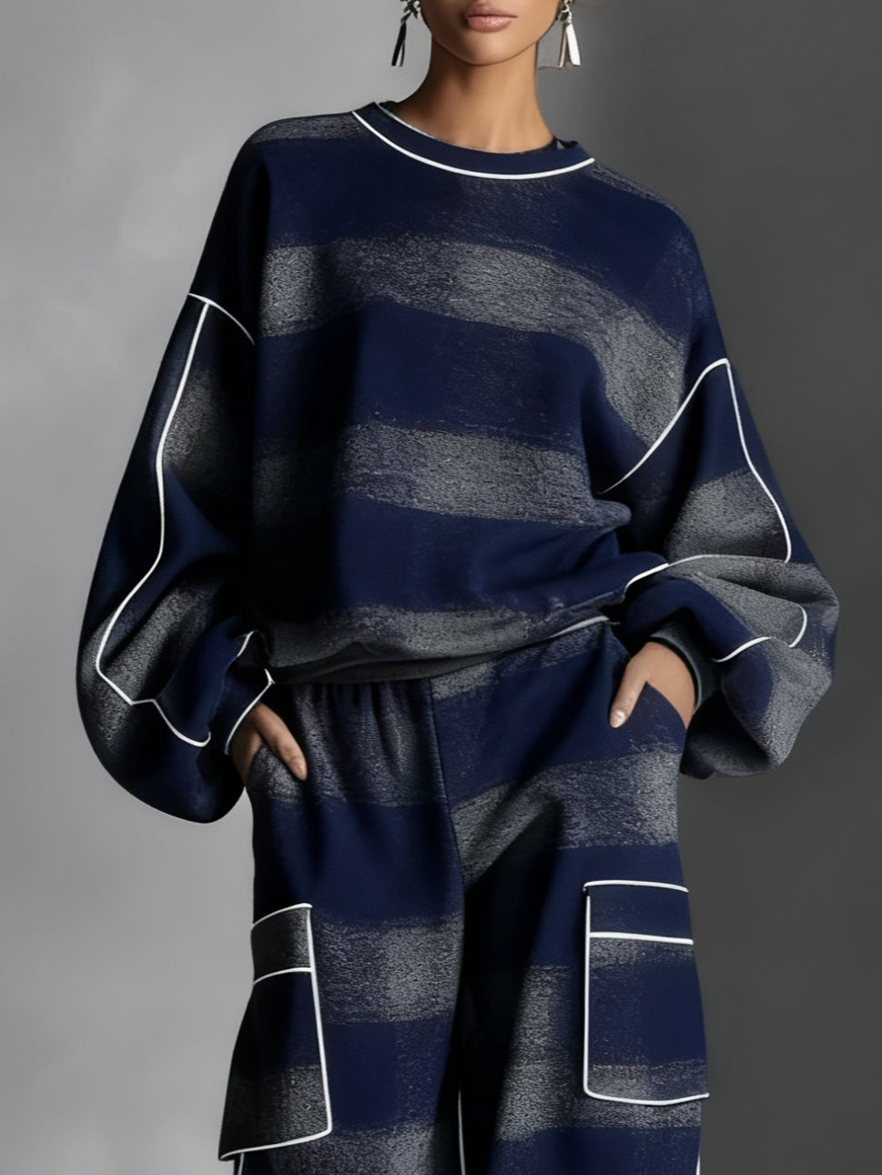 Elmont | Blue & Grey Plaid Colour-Blocked Sweatshirt & Pants Set
