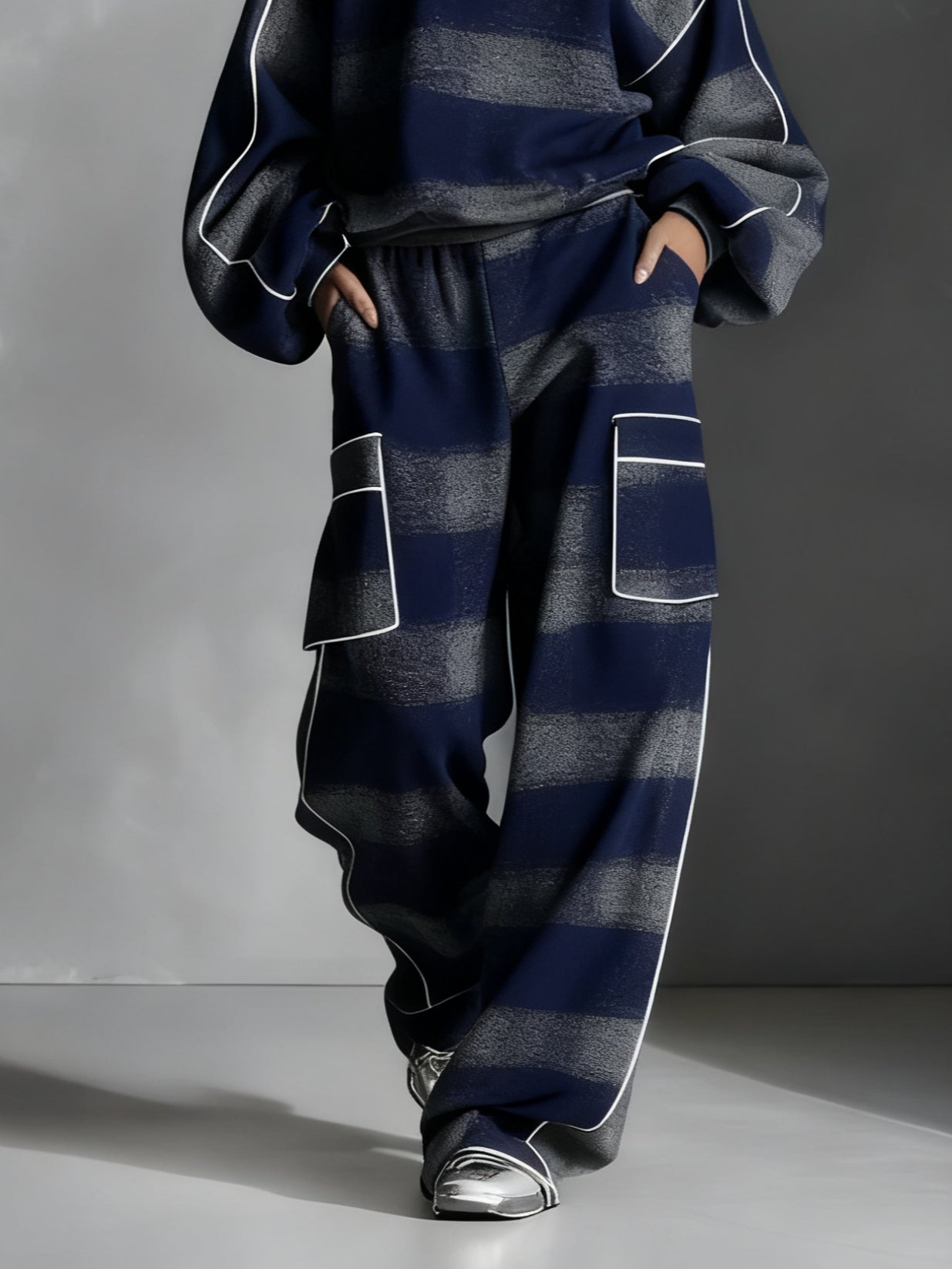 Elmont | Blue & Grey Plaid Colour-Blocked Sweatshirt & Pants Set