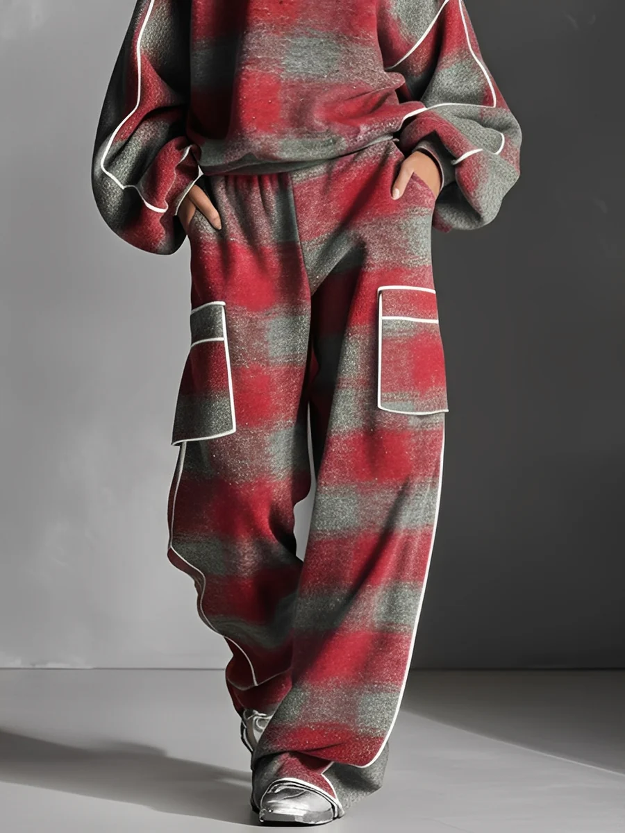 Elmont | Red & Grey Plaid Colour-Block Sweatshirt & Pants Set