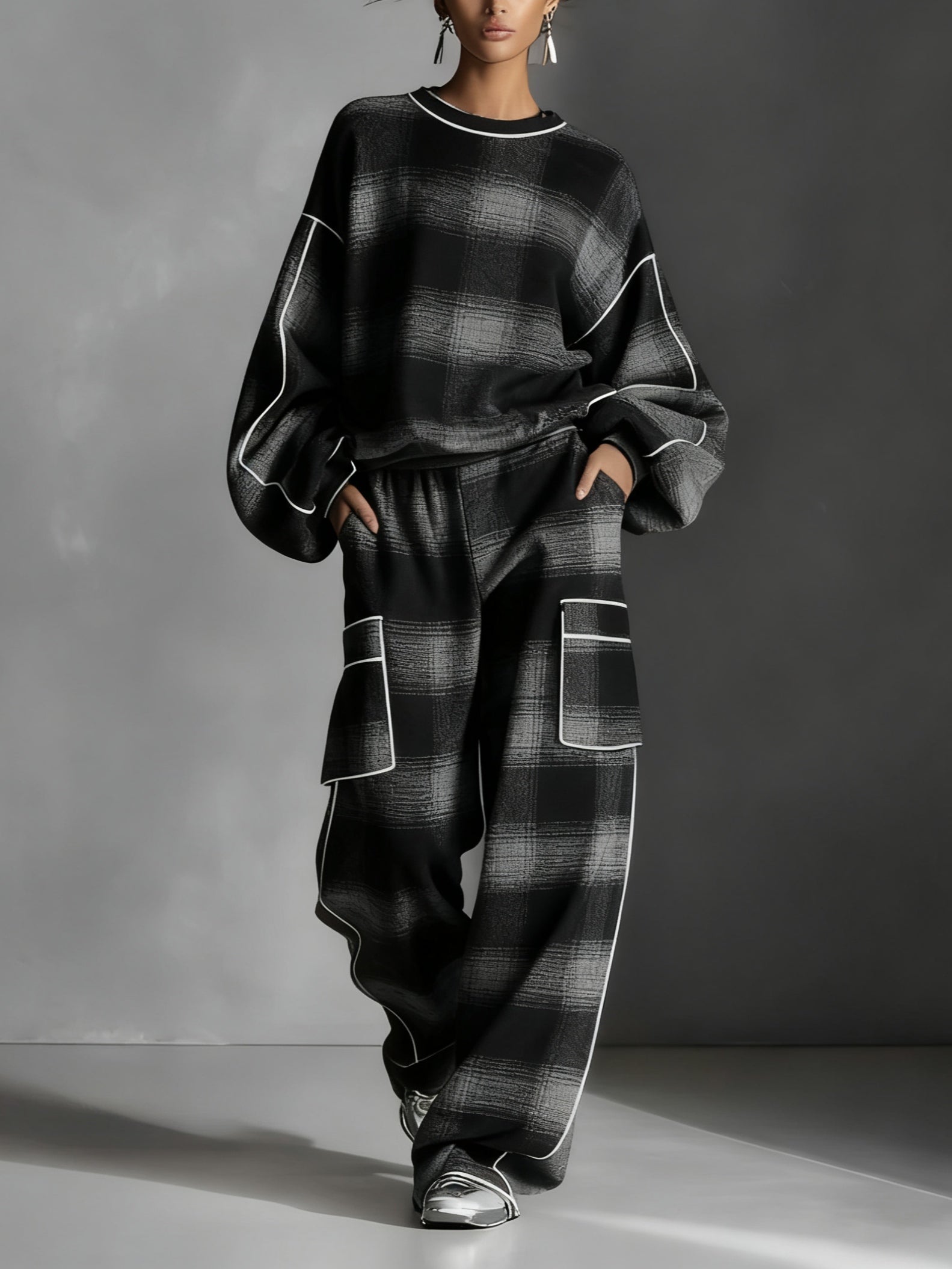 Elmont | Grey and Black Plaid Colour-Blocked Sweatshirt & Pants Set