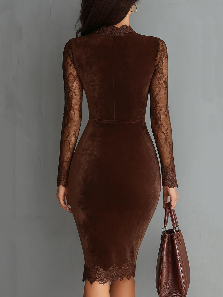 Elmont | Brown Velvet Mini Dress with Keyhole Neckline and Lace Sleeves