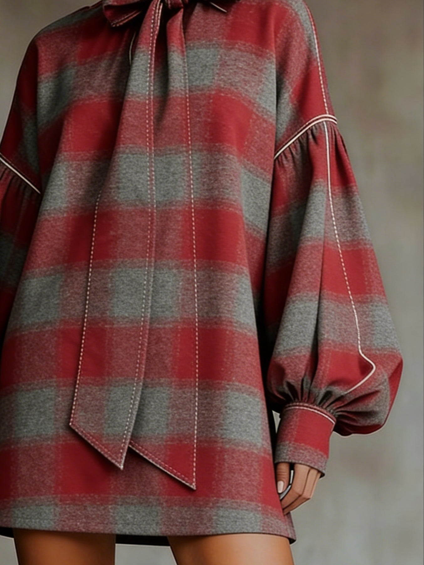 Elmont | Red and Grey Plaid Bow High-Neck Lantern-Sleeve Mini Dress