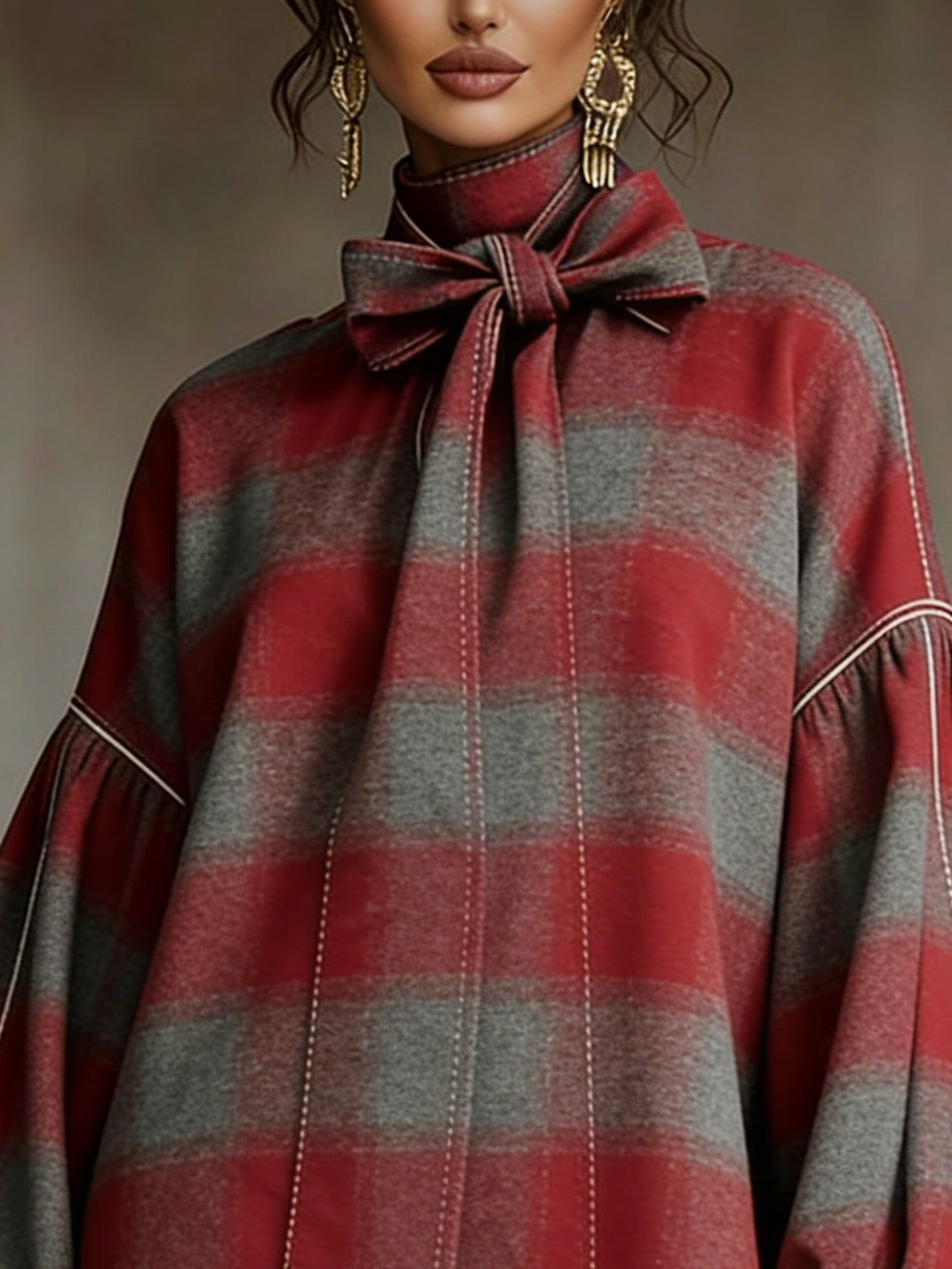 Elmont | Red and Grey Plaid Bow High-Neck Lantern-Sleeve Mini Dress