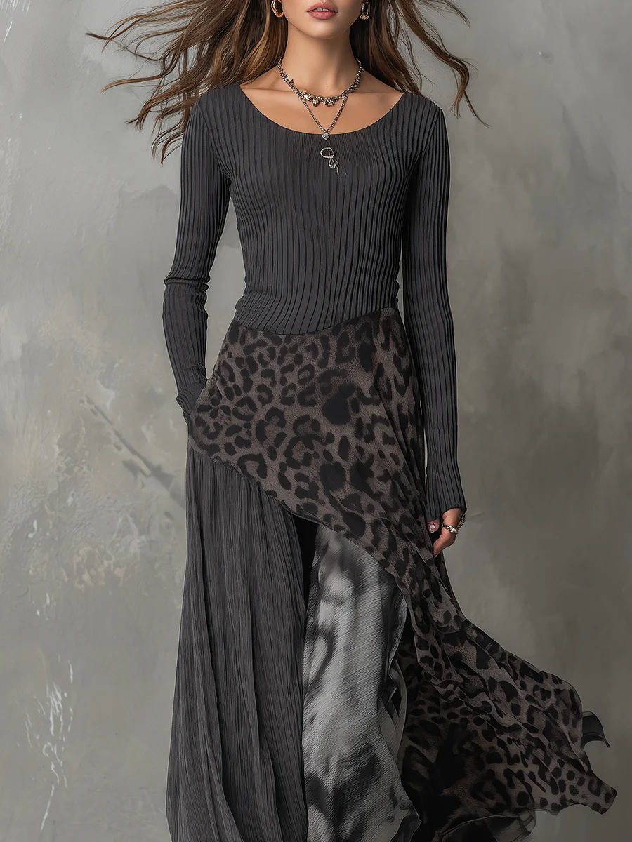 Elmont | Long Sleeve Leopard Print Maxi Dress
