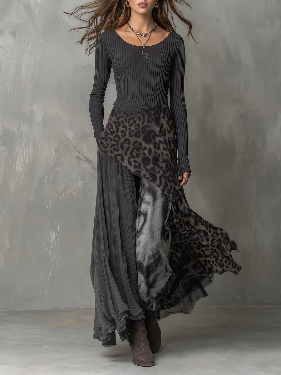 Elmont | Long Sleeve Leopard Print Maxi Dress