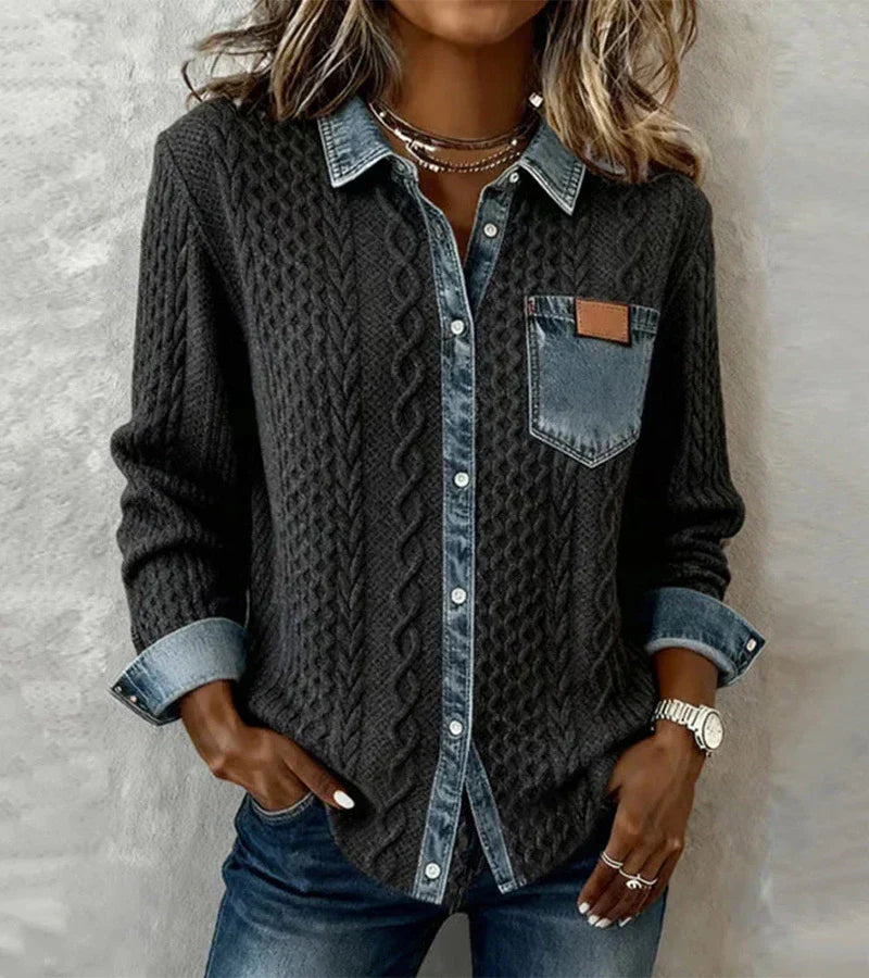 Elmont | Cable Knit Top with Denim Trim