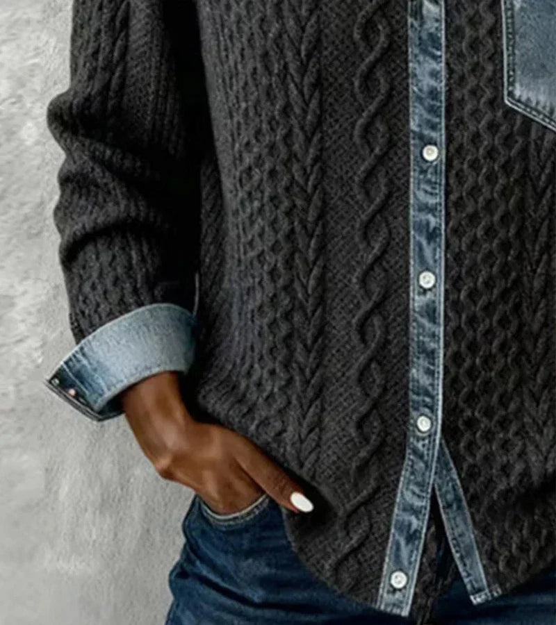 Elmont | Cable Knit Top with Denim Trim