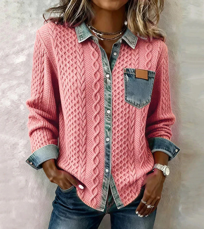 Elmont | Cable Knit Top with Denim Trim