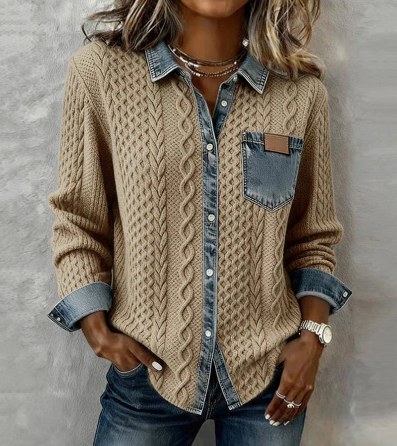 Elmont | Cable Knit Top with Denim Trim