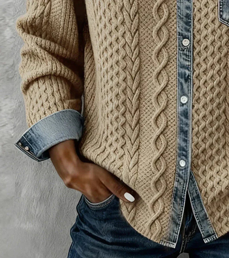 Elmont | Cable Knit Top with Denim Trim