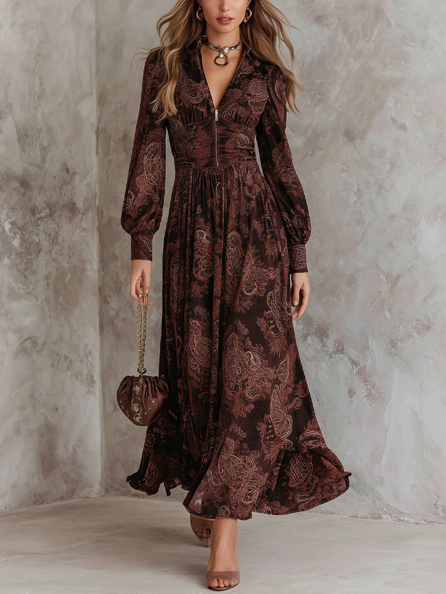 Elmont | Brown Paisley Zip-Neck Long-Sleeve Midi Dress