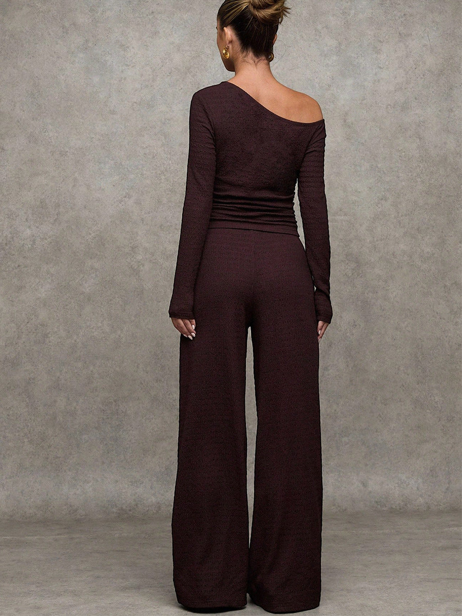 Elmont | Brown Knit Off-Shoulder Top & Wide-Leg Pants Set