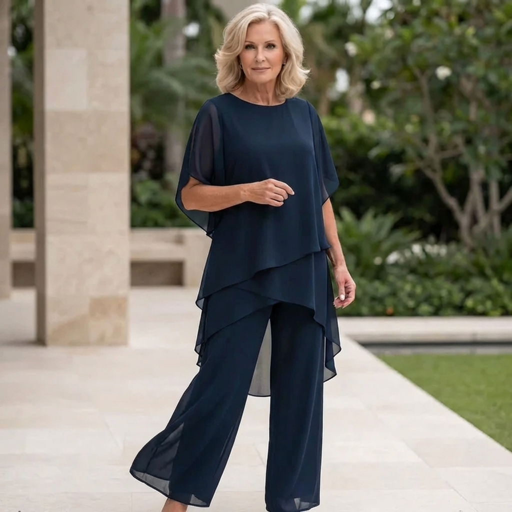 M&H | Two-Piece Pants Set with Asymmetrical Draped Top