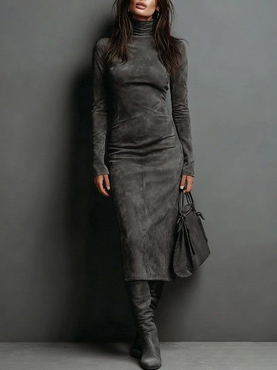 Elmont | Brown Suede High-Neck Midi Dress