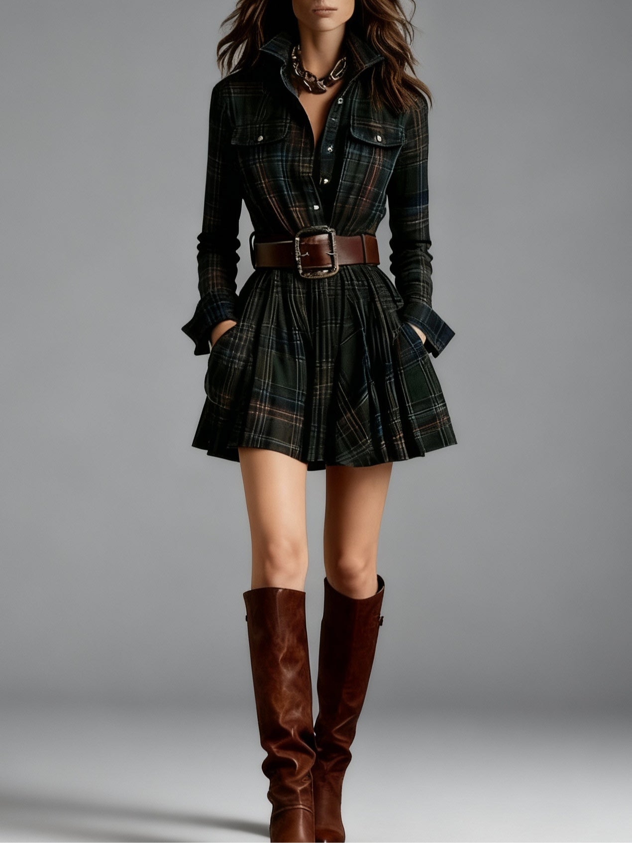 Elmont | Red and Brown Plaid Lapel Belted Mini Dress