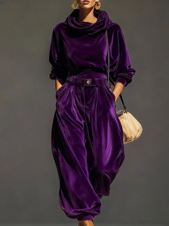 Elmont | Brown Velvet Hoodie and Pants Set with Belt