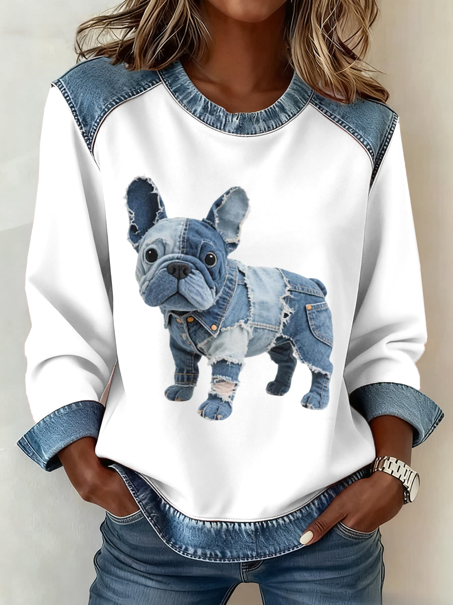 Elmont | Women's French Bulldog Print Denim Patchwork Sweatshirt