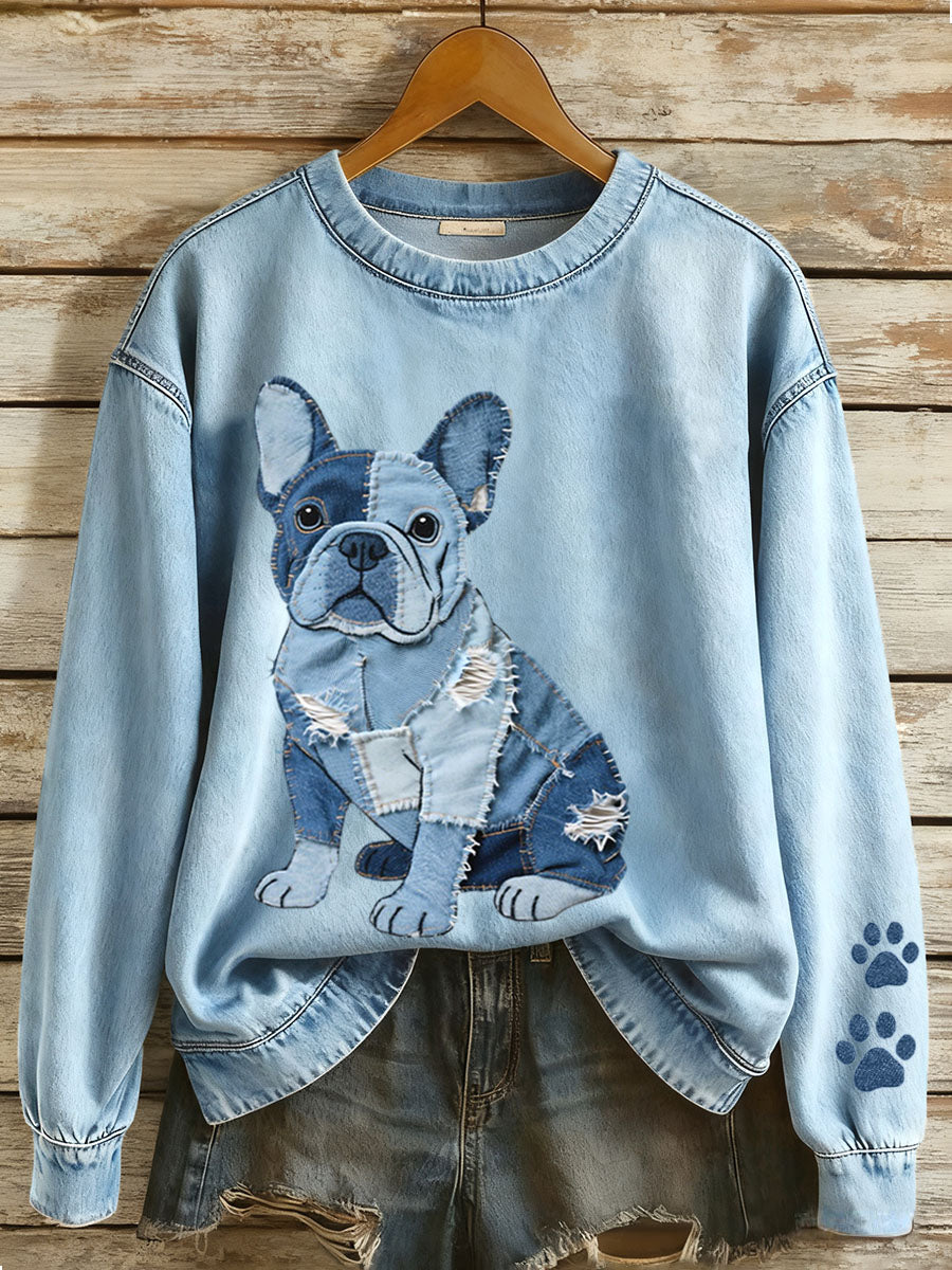 Elmont | Women's French Bulldog Denim Patchwork Sweatshirt
