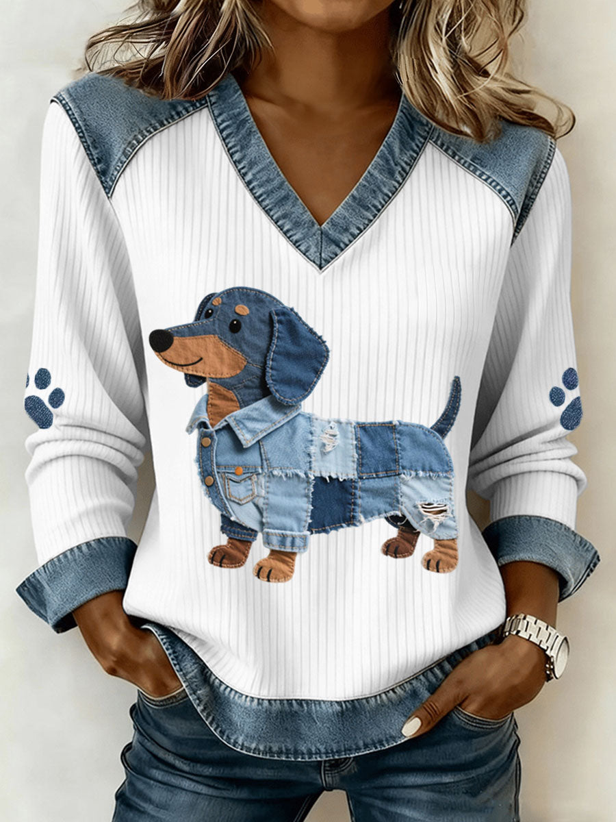 Elmont | Women's V‑Neck Long‑Sleeve Dachshund Print Denim Patchwork Top