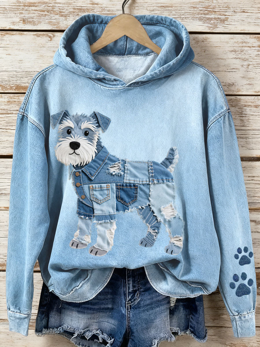 Elmont | Patchwork Denim Sweatshirt with Schnauzer Print