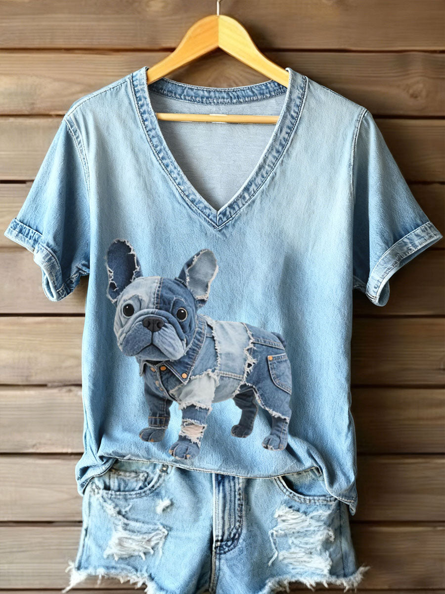 Elmont | Women's V-Neck French Bulldog Graphic T-Shirt