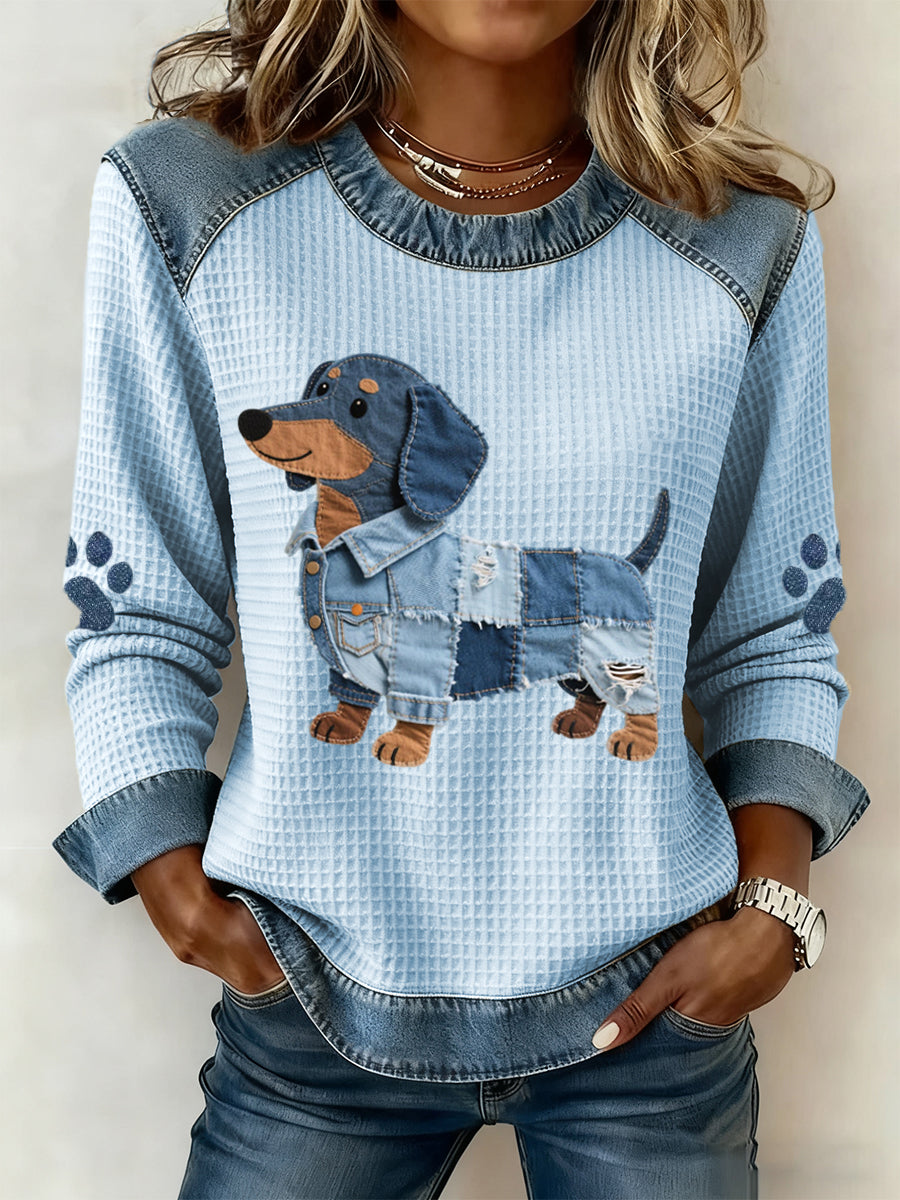 Elmont | Dachshund Print Long Sleeve Top with Denim Patchwork